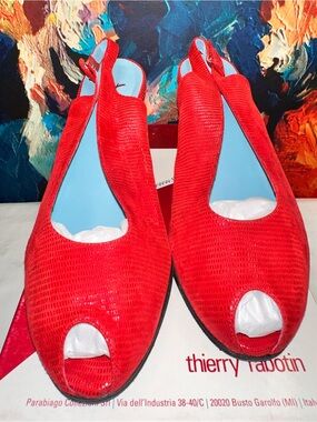 No.23 Thierry Rabotin Red Suede Peep Toe Slingback Block Heel Pumps